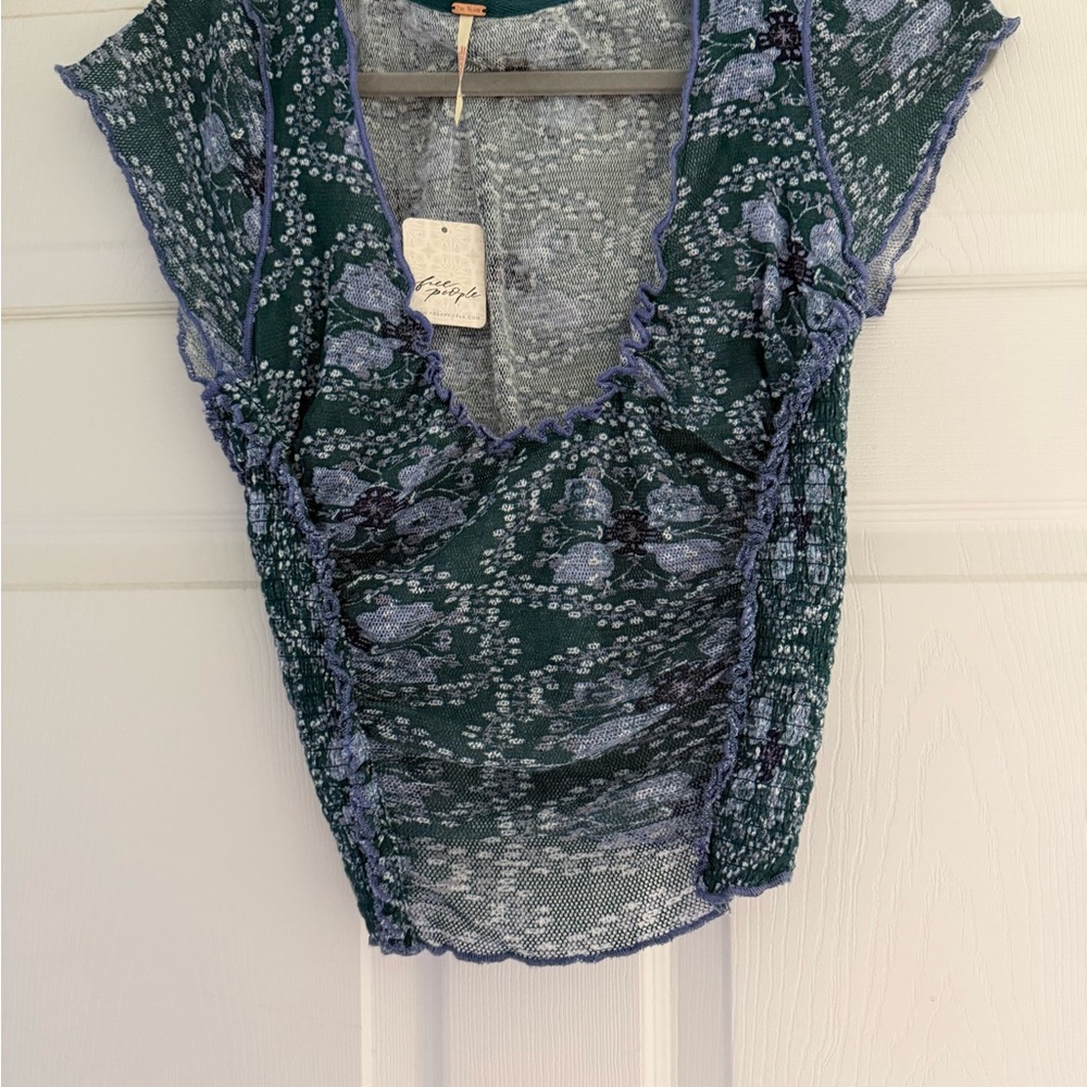 Free People Teal and Lavender Short Sleeve Top